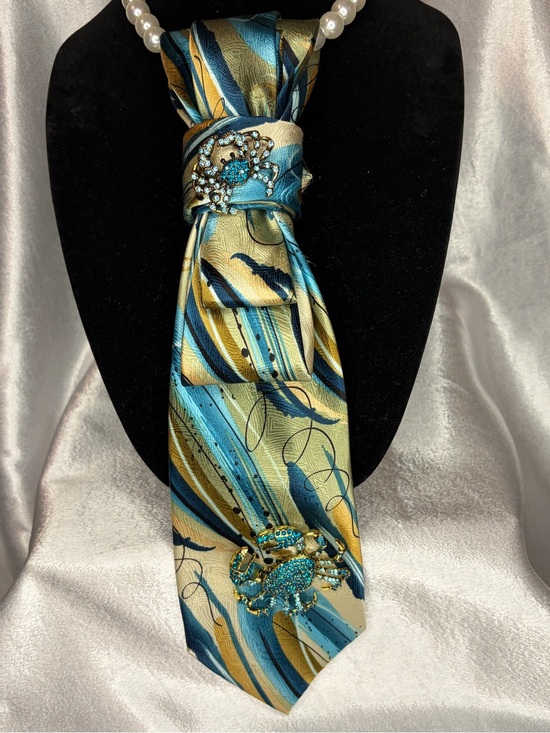 J. Garcia Accessories - J. Garcia Teal, Blue and Gold Patterned Silk Tie with Crystal Crab Accents